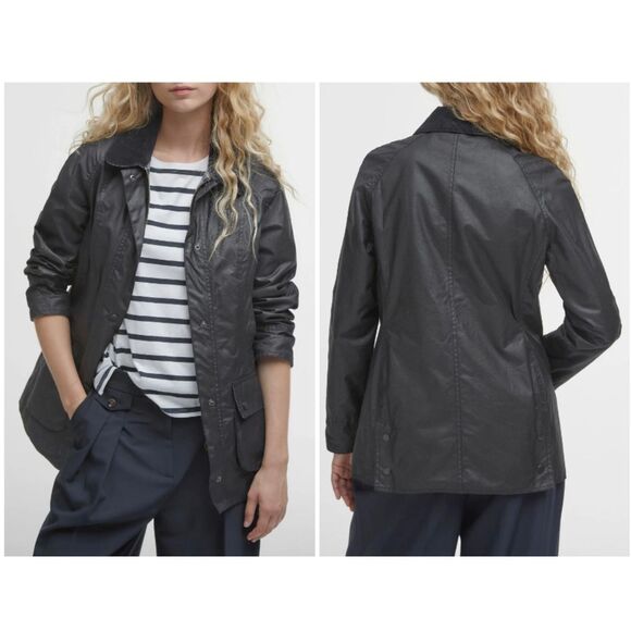 Barbour Women's Black Beadnell Water Resistant Waxed Cotton Wax Jacket Size 2 US - Picture 2 of 7